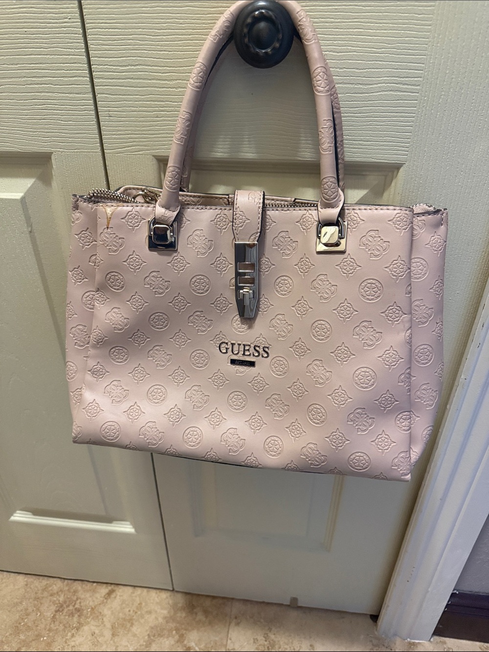 GUESS Embossed Logo Tote in Pale Pink